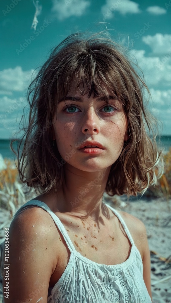 Woman in off-shoulder top with neutral expression and soft gaze Woman in off-shoulder top with neutral expression and soft gaze