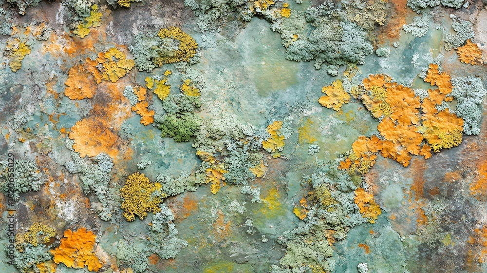 Close-up of moss and lichen on an old stone wall, with yellow-green hues Close-up of moss and lichen on an old stone wall, with yellow-green hues