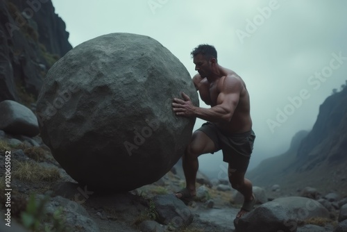 Strong man pushing giant boulder uphill in rugged mountain landscape