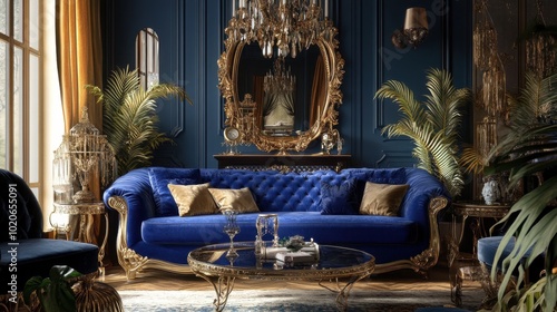 A fairytale-inspired living room with a plush royal blue couch, vintage decor, and elegant gold accents throughout.