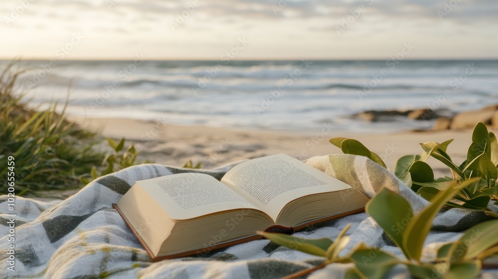 Open Book Resting on a Blanket on a Sandy Beach Open Book Resting on a Blanket on a Sandy Beach