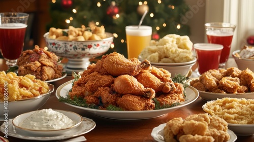 A festive holiday table showcasing a centerpiece of fried chicken alongside traditional side dishes and drinks.