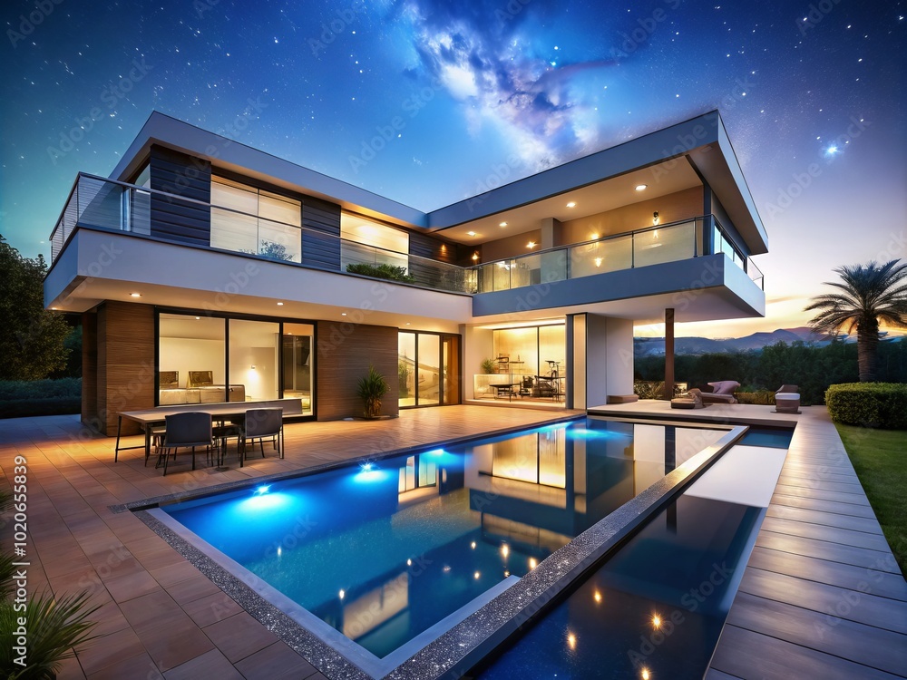 Fototapeta premium This exquisite modern house, illuminated at night, boasts a tranquil swimming pool and elegant architecture, blending seamlessly with its serene surroundings to create a peaceful retreat.