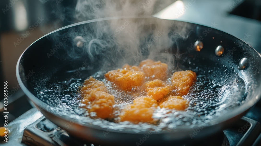 A frying pan sizzling with freshly cooked fried chicken, highlighting the golden crust and bubbling oil. A frying pan sizzling with freshly cooked fried chicken, highlighting the golden crust and bubbling oil.