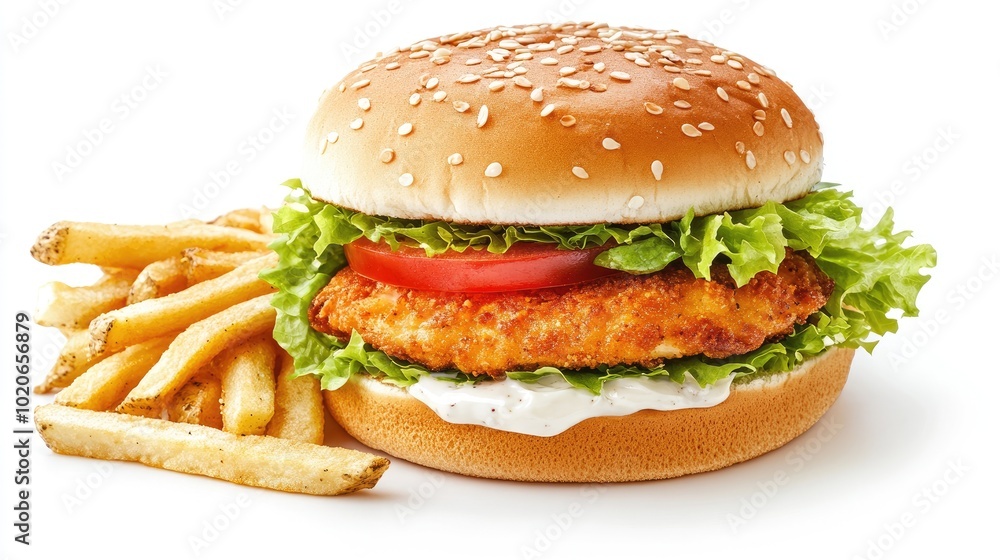 Crispy Chicken Sandwich with Fries on a White Background Crispy Chicken Sandwich with Fries on a White Background