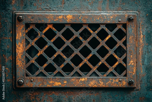 Rusty Metal Panel with Diamond-Shaped Grille and Screws