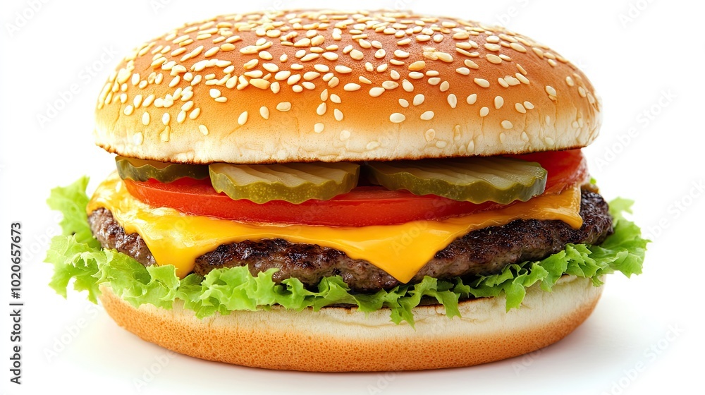 Delicious Cheeseburger with Fresh Vegetables and Pickles Delicious Cheeseburger with Fresh Vegetables and Pickles