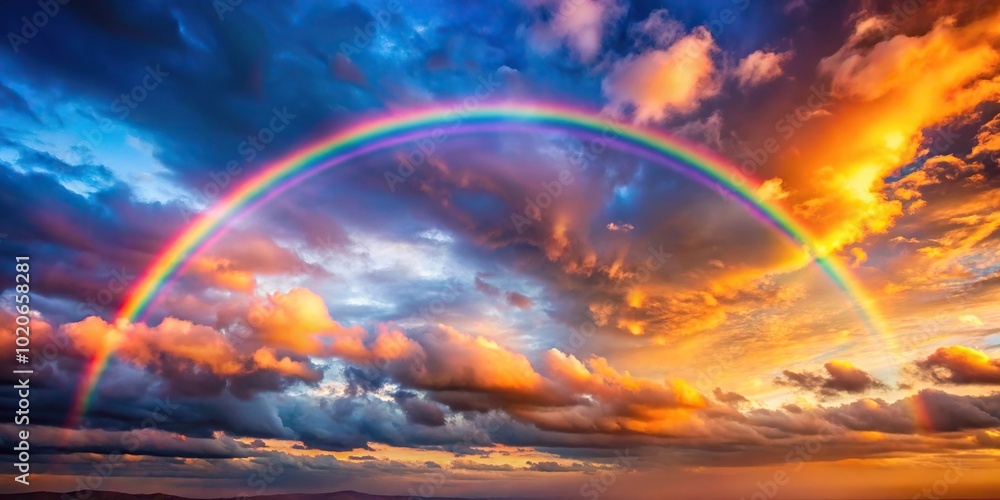 Forced perspective rainbow shimmering at sunset in the clouds Forced perspective rainbow shimmering at sunset in the clouds
