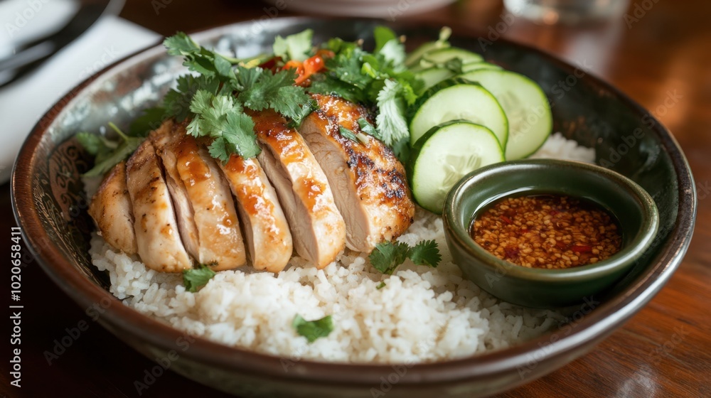 A hearty meal of steamed rice and juicy chicken, garnished with cucumber and cilantro, served with a flavorful sauce. A hearty meal of steamed rice and juicy chicken, garnished with cucumber and cilantro, served with a flavorful sauce.