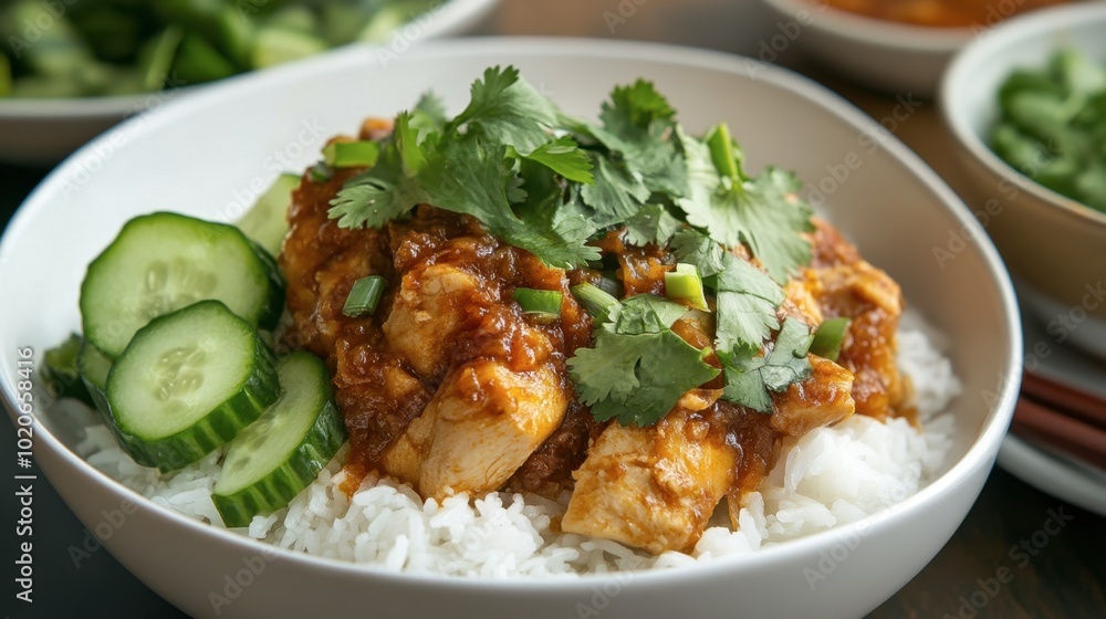 A hearty meal of steamed rice and juicy chicken, garnished with cucumber and cilantro, served with a flavorful sauce. A hearty meal of steamed rice and juicy chicken, garnished with cucumber and cilantro, served with a flavorful sauce.