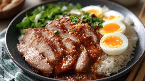 A hearty plate of pork leg rice with fragrant jasmine rice, soft-boiled eggs, and tender pork braised to perfection.