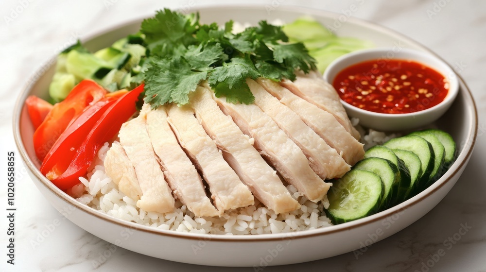 A hearty plate of steamed rice topped with tender chicken, served with fresh vegetables and a side of chili dipping sauce. A hearty plate of steamed rice topped with tender chicken, served with fresh vegetables and a side of chili dipping sauce.