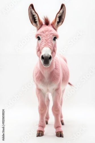 Pink donkey standing and facing camera isolated on white background