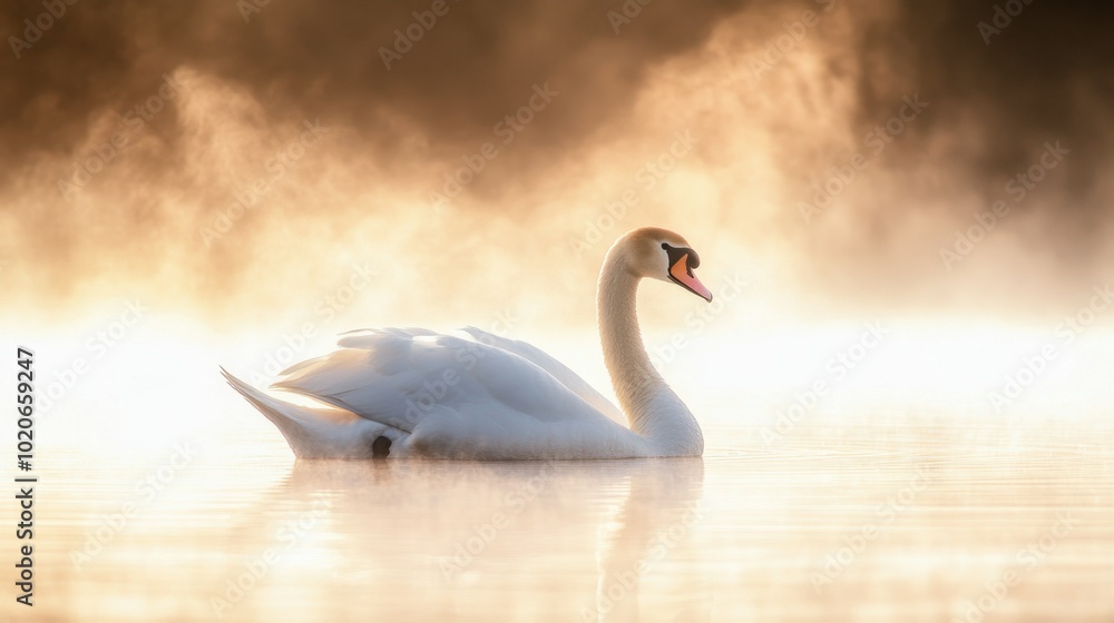 Fototapeta premium A lone swan peacefully floating on a mist-covered lake at dawn, with soft light reflecting on the water.