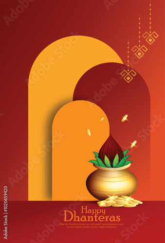 Dhanteras greeting card featuring gold symbols and lotus flowers on a red background. Perfect for celebrating this auspicious Hindu festival with blessings of prosperity.