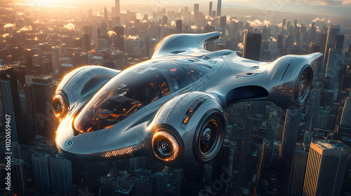 A futuristic flying car gracefully soaring above a vibrant city skyline, showcasing advanced technology and innovation in urban transportation. The sleek design and dynamic movement of the vehicle hig