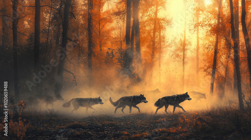 Wolf pack walking through misty autumn forest at sunrise
