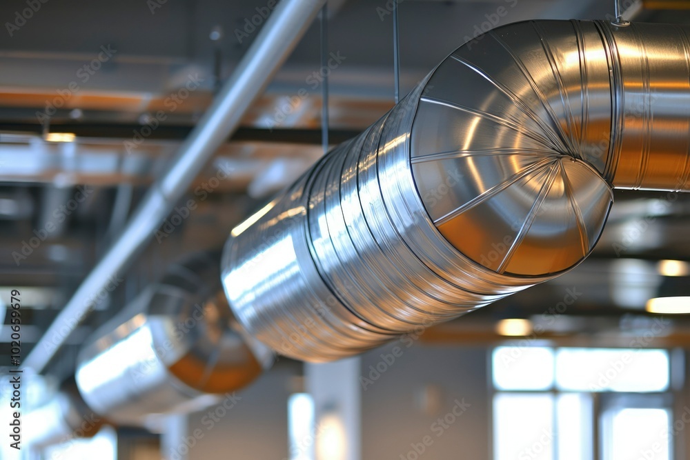 Shiny Metal Ductwork Hanging From Ceiling Shiny Metal Ductwork Hanging From Ceiling