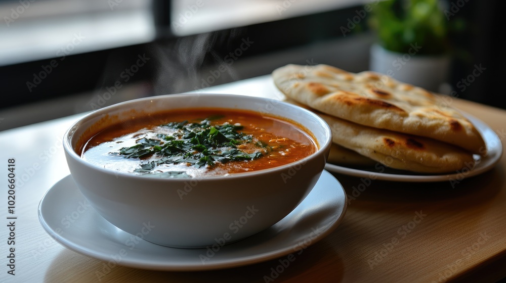 Aromatic Soup with Bread on a Wooden Table Aromatic Soup with Bread on a Wooden Table