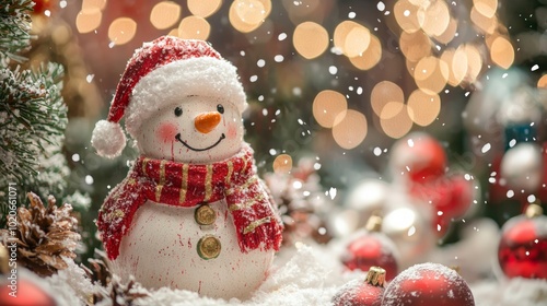 Smiling snowman with red scarf in festive holiday scene