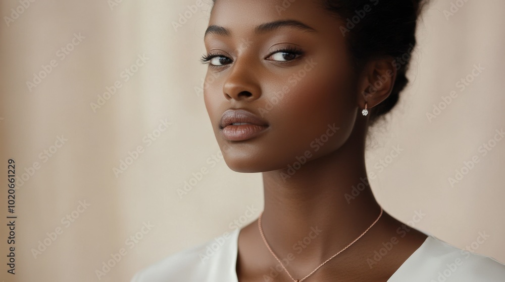 A model showcasing a delicate rose gold necklace with a small diamond pendant.