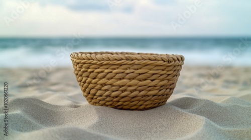 Woven straw basket placed on sandy beach near ocean on a cloudy day