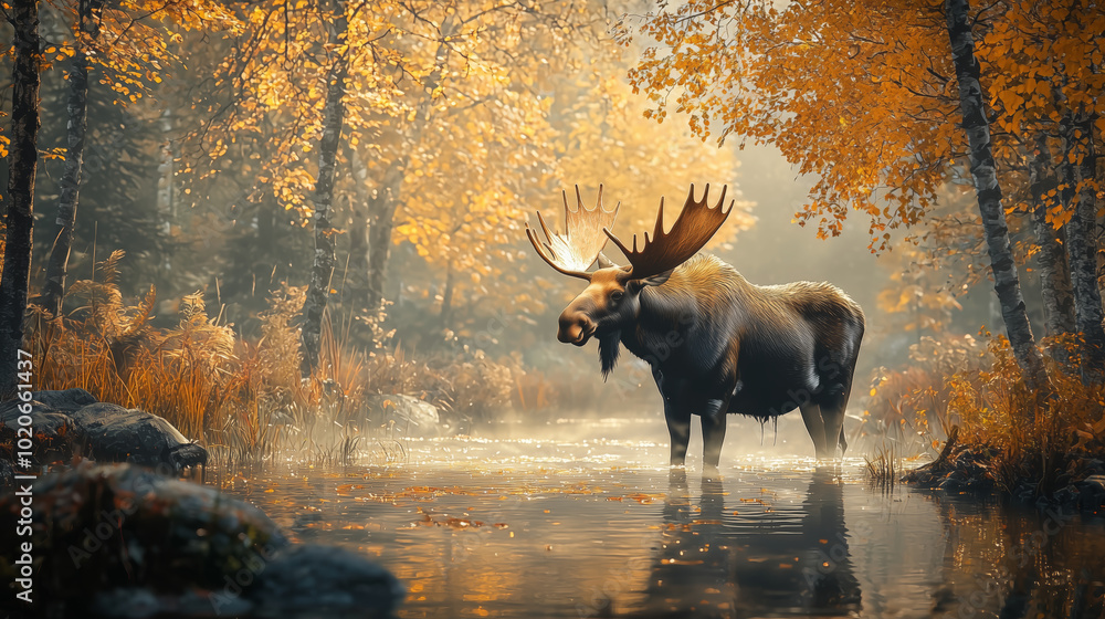 Moose standing in a misty autumn forest river with golden leaves
Moose standing in a misty autumn forest river with golden leaves