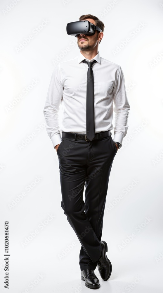 Businessman in a suit wearing a virtual reality headset, isolated on a white background, merging professional attire with cutting-edge technology.