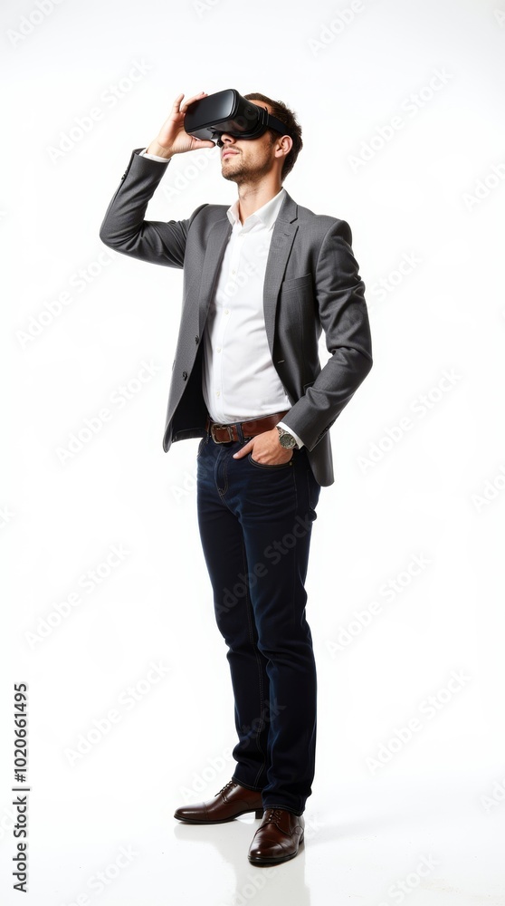 Businessman in a suit wearing a virtual reality headset, isolated on a white background, merging professional attire with cutting-edge technology. Businessman in a suit wearing a virtual reality headset, isolated on a white background, merging professional attire with cutting-edge technology.
