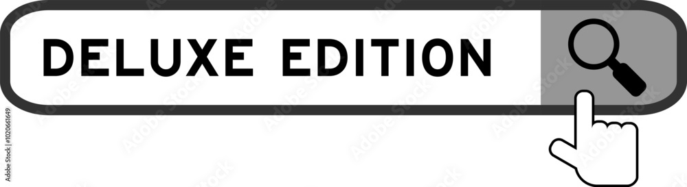 Search banner in word delux edition with hand over magnifier icon on white background Search banner in word delux edition with hand over magnifier icon on white background