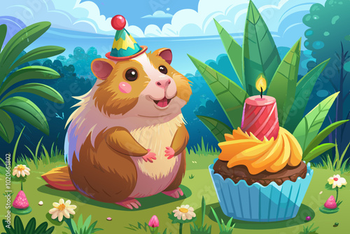 Minimalist vector of a cute rodent animal and a cupcake in a light green grass setting ideal for children’s illustrations, cards, or playful posters.