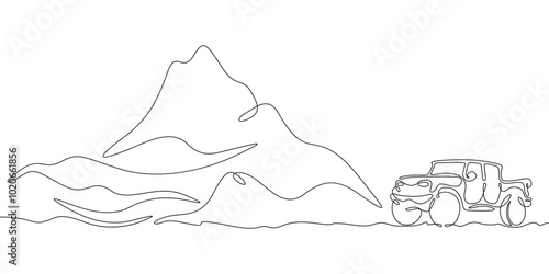 Continuous one line drawing SUV in nature. High mountains. Car trip.One continuous line isolated minimal illustration.
