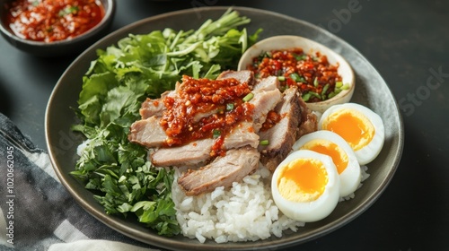 A mouthwatering plate of pork leg rice served with spicy chili sauce, soft-boiled eggs, and fresh greens.