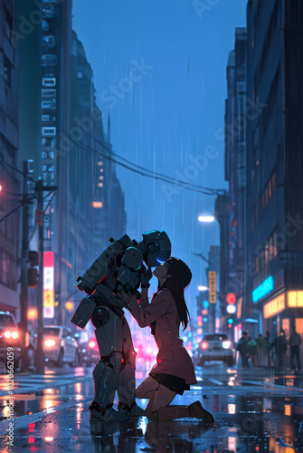 amore diverso. illustrazione di ragazza che bacia robot al centro di una strada in notte piovosa photo