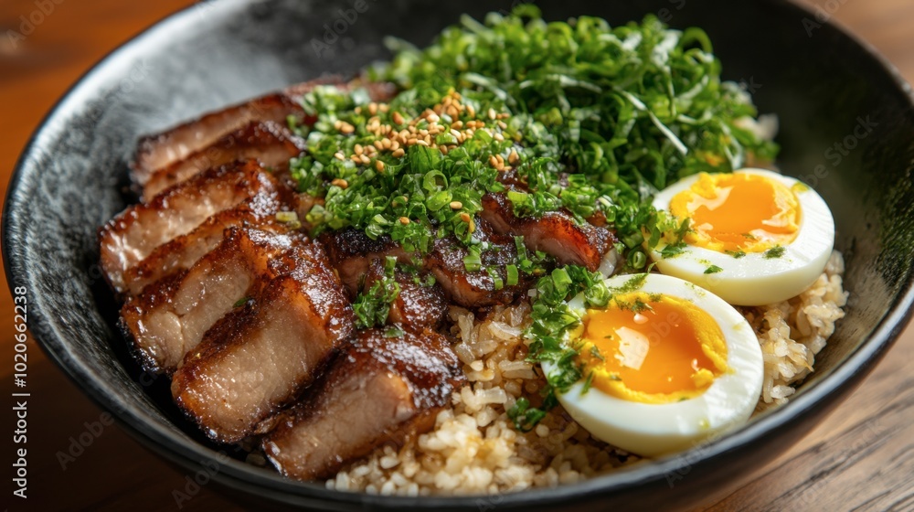 A mouthwatering plate of pork leg rice with tender pork, fresh pickled mustard greens, and soft-boiled eggs, perfect for lunch.