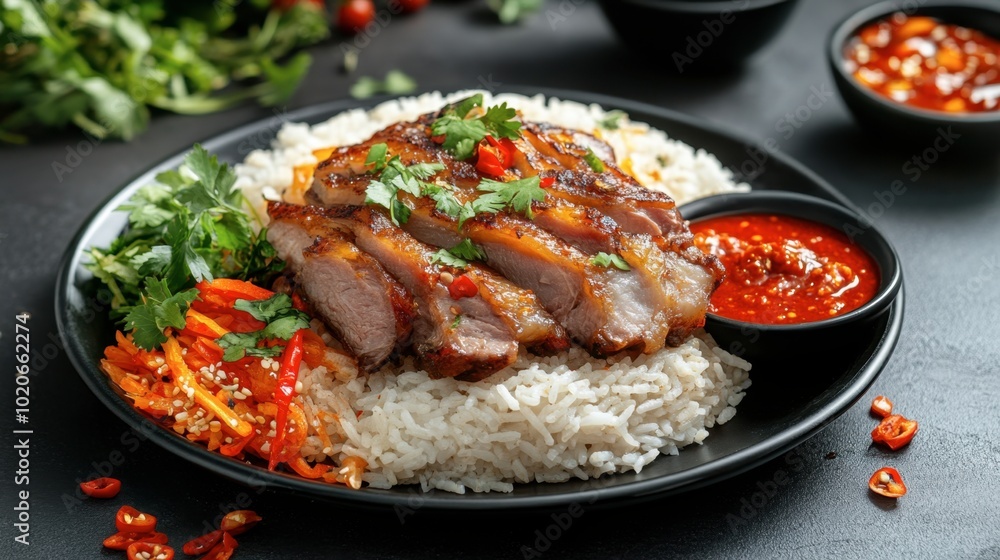 A mouthwatering plate of pork leg rice with fragrant rice, juicy pork, and a side of chili sauce and fresh vegetables. A mouthwatering plate of pork leg rice with fragrant rice, juicy pork, and a side of chili sauce and fresh vegetables.