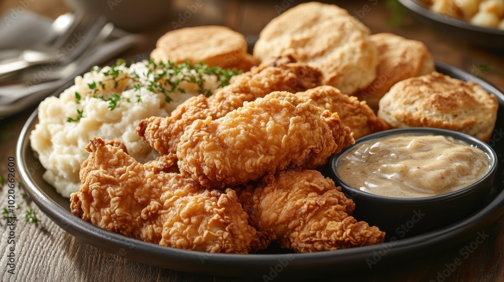 A mouthwatering platter of fried chicken served with fluffy biscuits, gravy, and a side of mashed potatoes. A mouthwatering platter of fried chicken served with fluffy biscuits, gravy, and a side of mashed potatoes.
