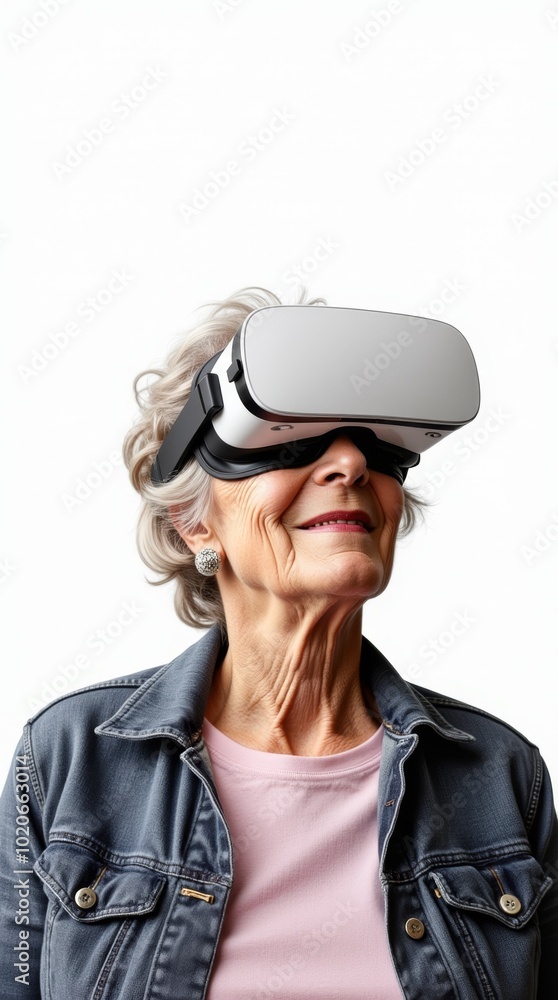Elderly woman engaged in Virtual Reality Experience isolated on a white background. Elderly woman engaged in Virtual Reality Experience isolated on a white background.