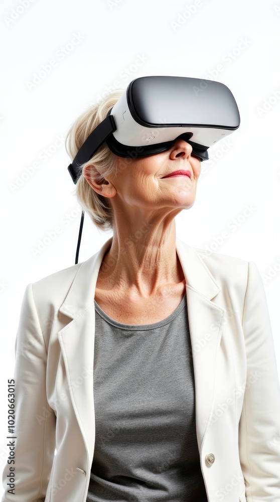 Elderly woman engaged in Virtual Reality Experience isolated on a white background. Elderly woman engaged in Virtual Reality Experience isolated on a white background.