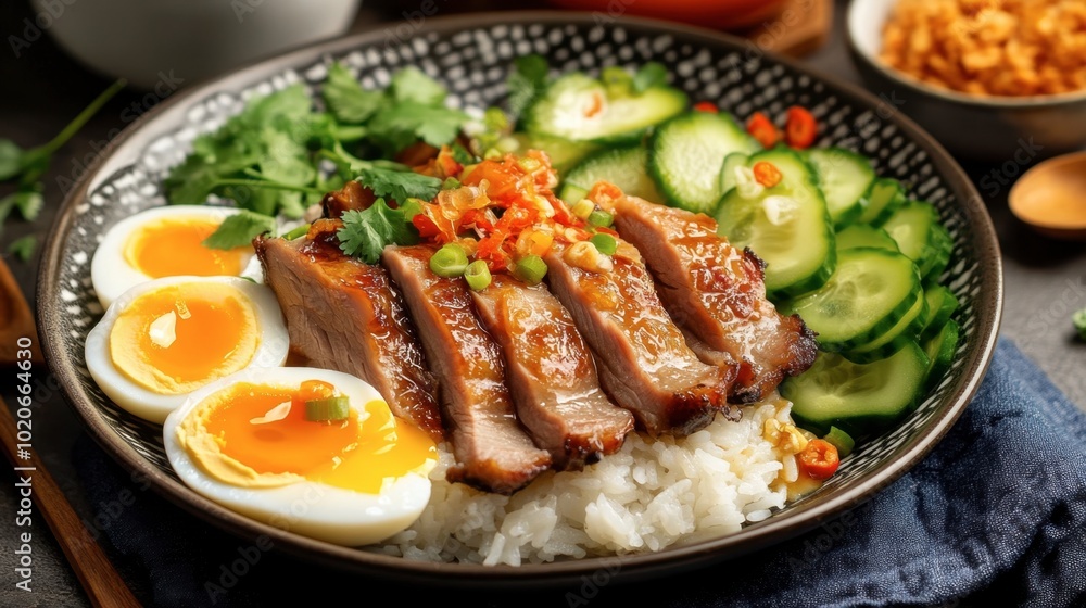 A plate of savory pork leg rice served with soft-boiled eggs, pickled vegetables, and a side of broth, a Thai comfort food favorite. A plate of savory pork leg rice served with soft-boiled eggs, pickled vegetables, and a side of broth, a Thai comfort food favorite.