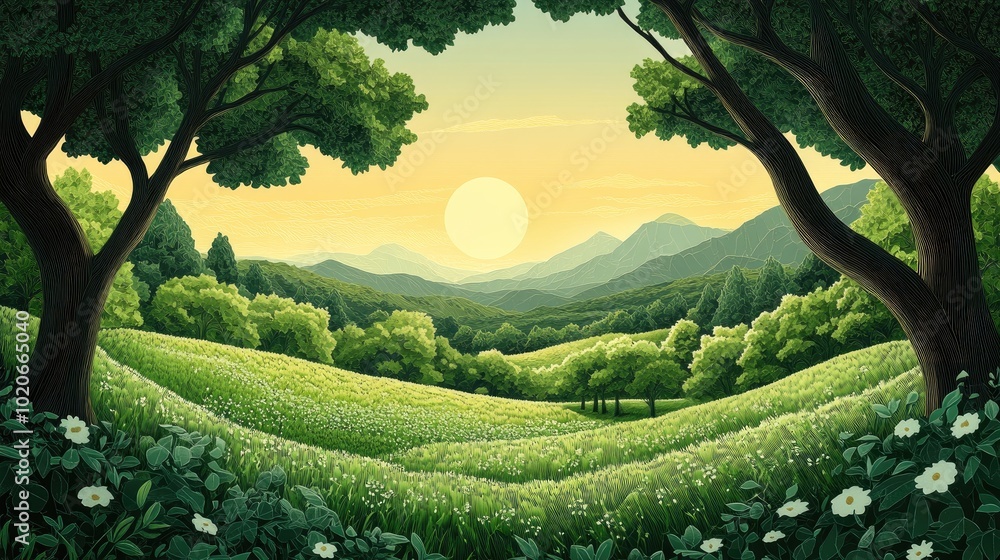 Naklejka premium Lush green fields adorned with trees Lush green fields with trees