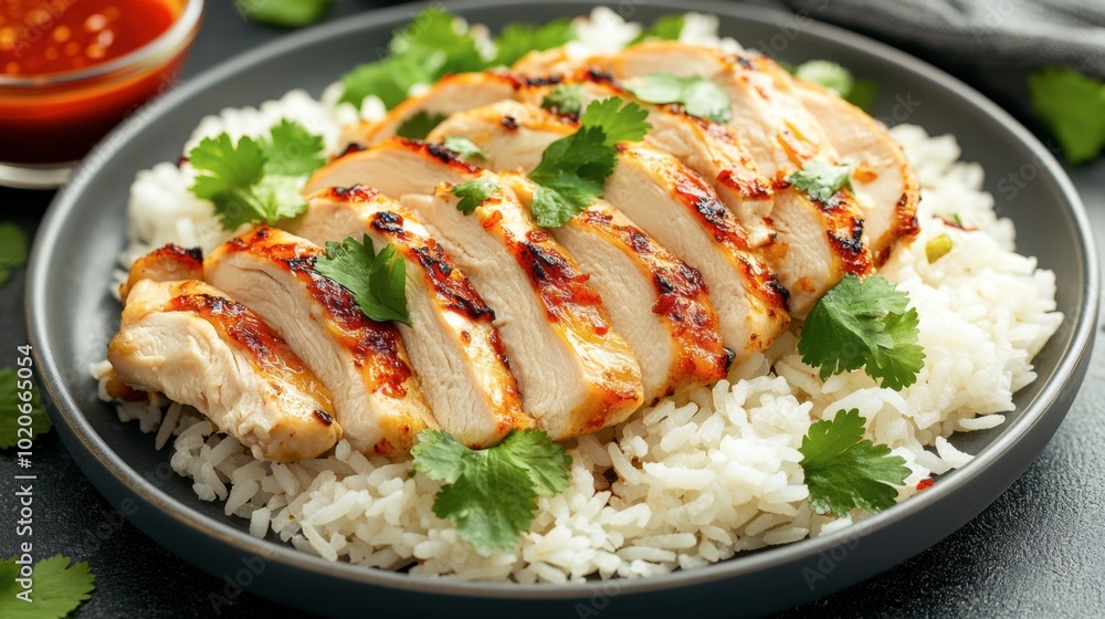 A plate of steamed rice with juicy chicken slices, garnished with fresh cilantro and served with a side of spicy dipping sauce. A plate of steamed rice with juicy chicken slices, garnished with fresh cilantro and served with a side of spicy dipping sauce.