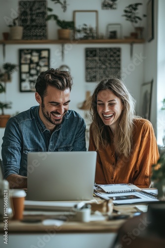 Young man and woman collaborating in a modern office setting with a laptop, showcasing teamwork and productivity