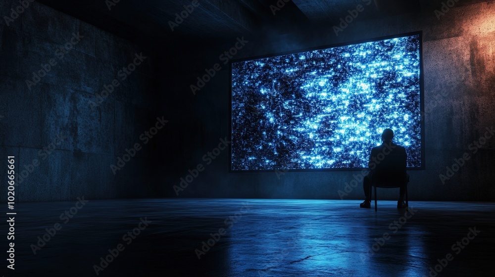 Person Observing Abstract Digital Artwork in Dark Room Person Observing Abstract Digital Artwork in Dark Room