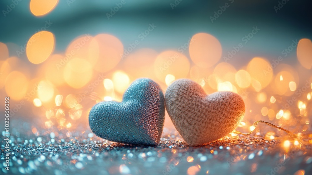 Fototapeta premium Two fabric hearts resting on a glittery surface with glowing heart bokeh and warm fairy lights illuminating the background, soft pastel colors