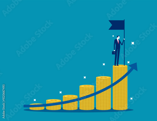 Money. Businessman holding success flag on money stack, Income or wealth accumulation