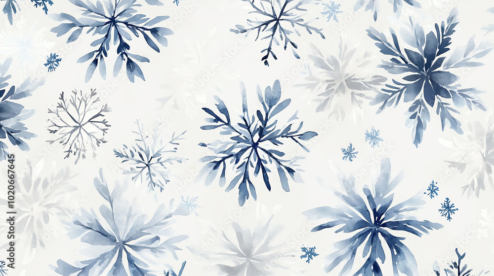 Watercolor snowflakes in subtle shades of blue and white, minimalist and delicate, scattered over light gray background, seamless pattern Watercolor snowflakes in subtle shades of blue and white, minimalist and delicate, scattered over light gray background, seamless pattern