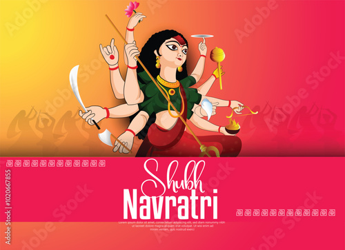 illustration of Happy Durga Puja, Shubh Navratri Goddess Durga celebrating Navratri, showcasing her divine power and blessings.