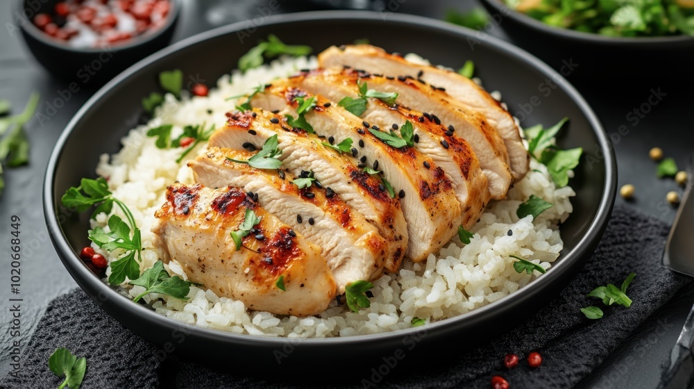 A satisfying meal of steamed rice with juicy chicken breast slices, garnished with herbs and served with a flavorful sauce. A satisfying meal of steamed rice with juicy chicken breast slices, garnished with herbs and served with a flavorful sauce.
