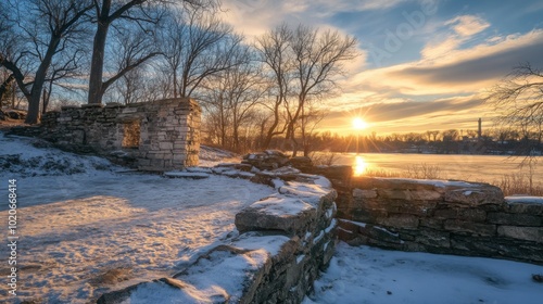 Mill Ruins Park in Minneapolis captured with Nikon D850, showcasing natural light and stunning detail in National Geographic style. Beautiful urban decay and nature blend.